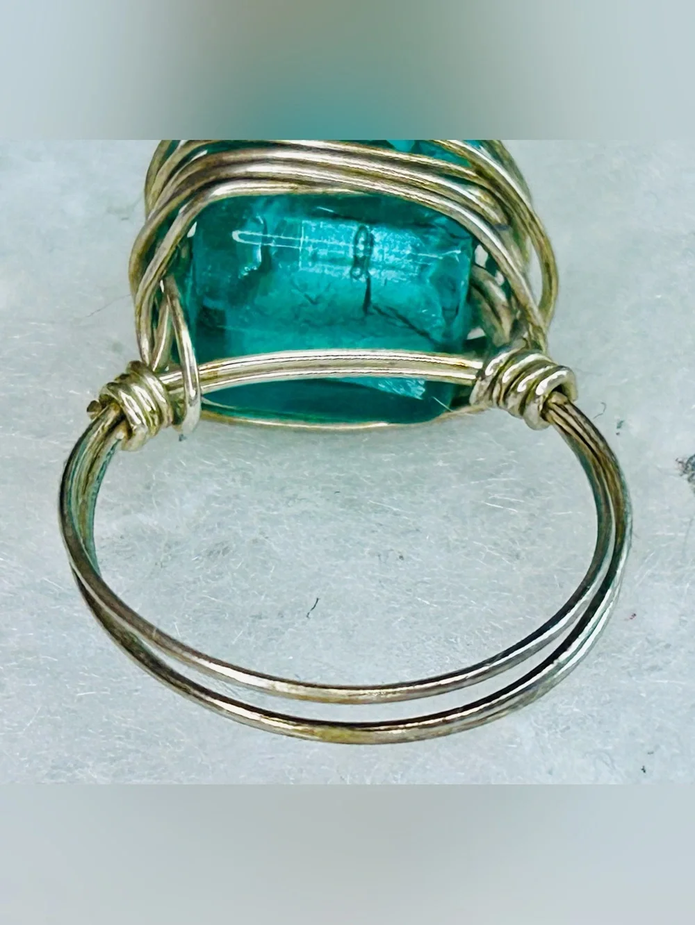 Vintage Artisan Wire Wrapped Aqua Glass Statement Ring (c. 2000s–2010s)